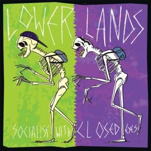 This image shows the cover of Lower lands' single cover. it shows two cartoon skeletons against a purple and green background